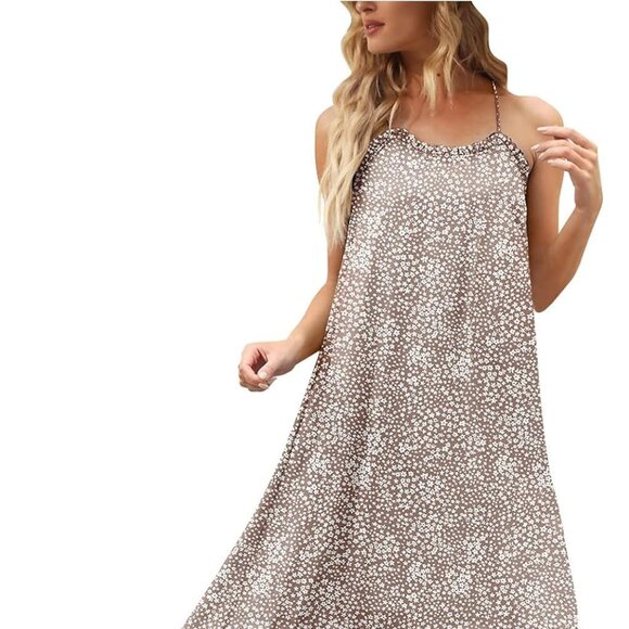 Flawless Tan White Ditzy Floral Boho Maxi Dress Lined Ruffle Women's Size Small - Picture 4 of 12